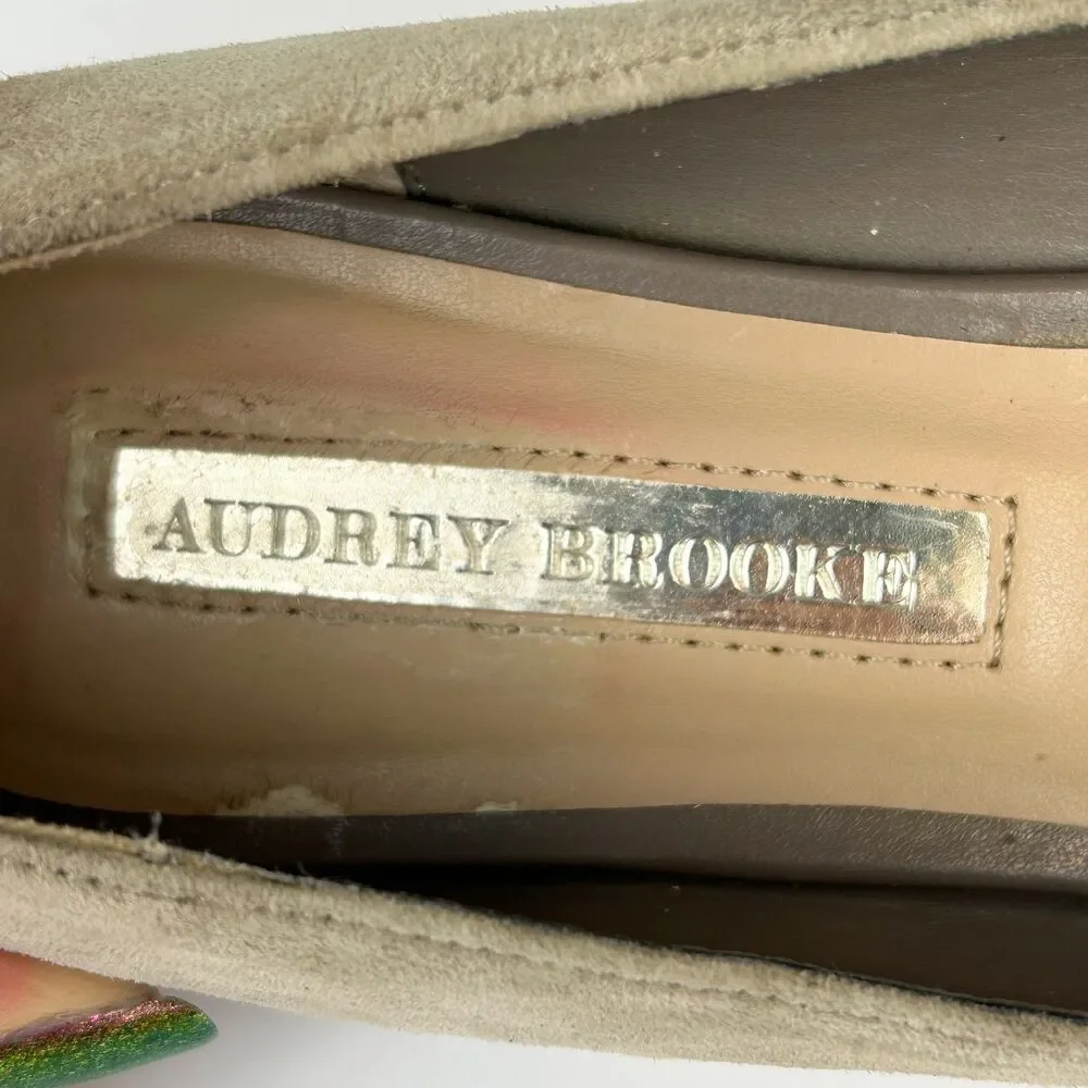 Audrey Brooke Marte Pointed Toe Ballet Flats Taupe Tan Suede Cutouts Shoes 8.5